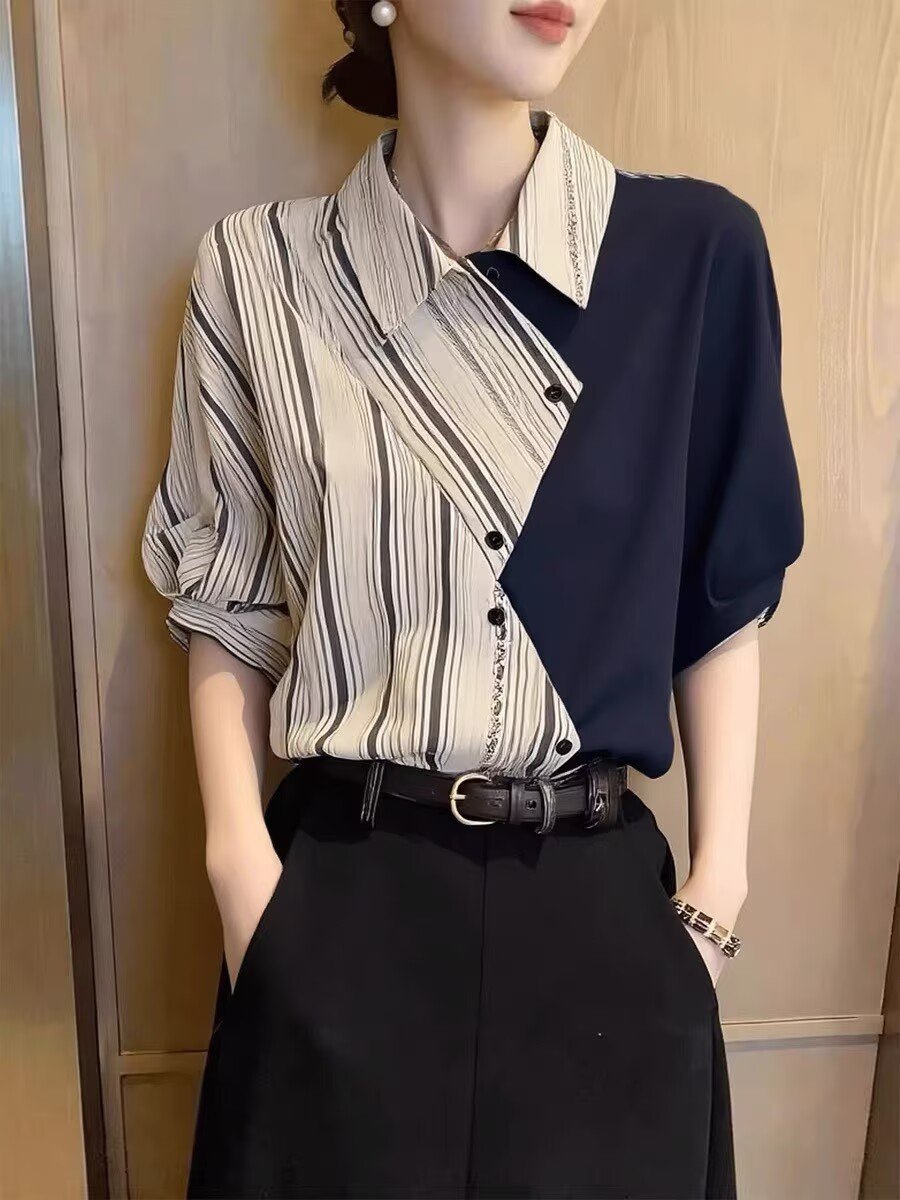 사선 언발 배색 스트라이프 셔츠 블라우스