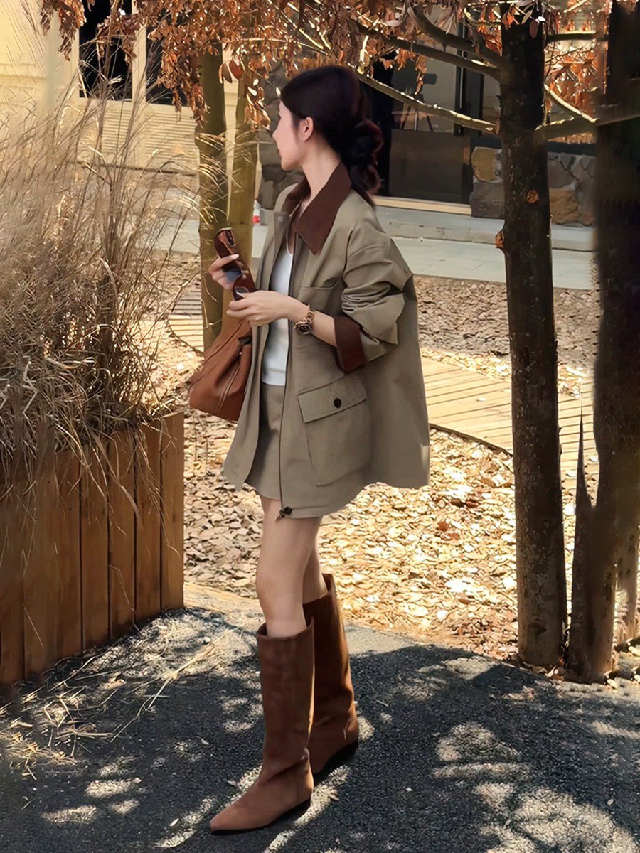 배색 카라 워크 자켓 미니스커트 세트