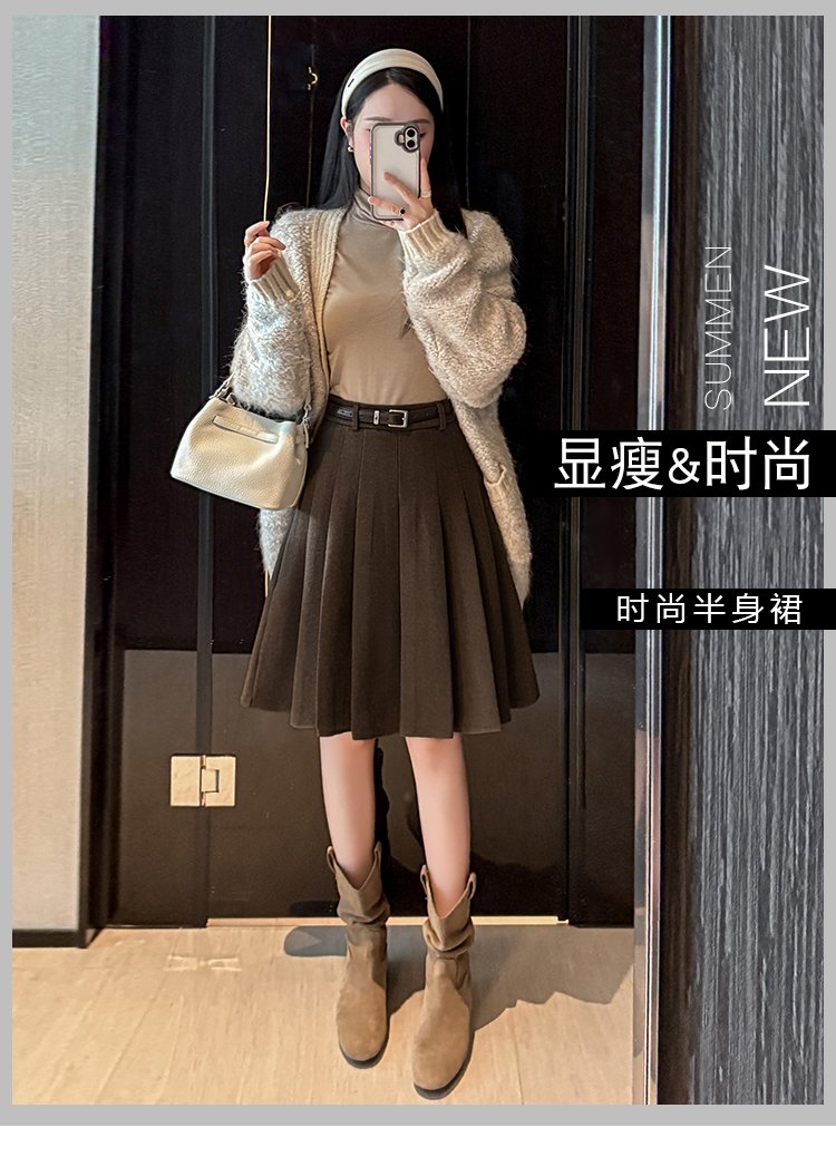 빈티지 울 믹스 딥 플리츠 벨티드 미디스커트
