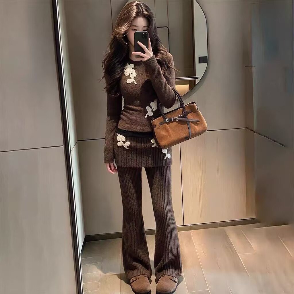 플라워 자수 아플리케 골지 니트 투피스 세트