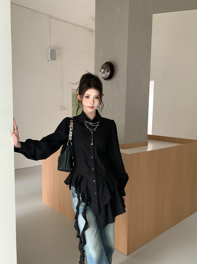 언발 러플 드레이프 셔츠 블라우스