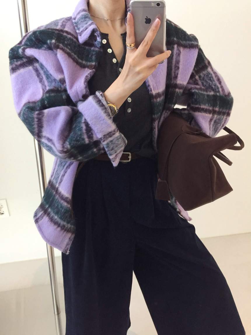 퍼플 체크 모헤어 오버핏 셔츠 자켓