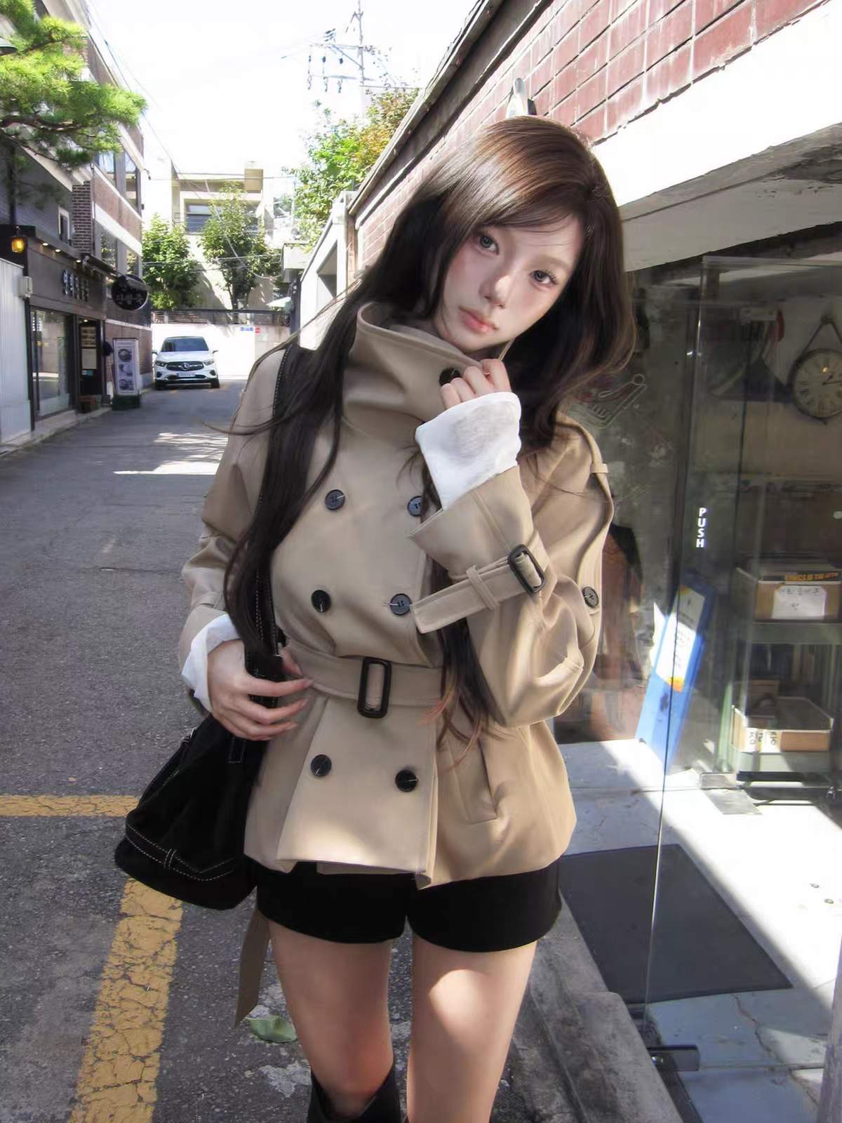하이넥 스탠드 카라 더블 숏 트렌치 재킷
