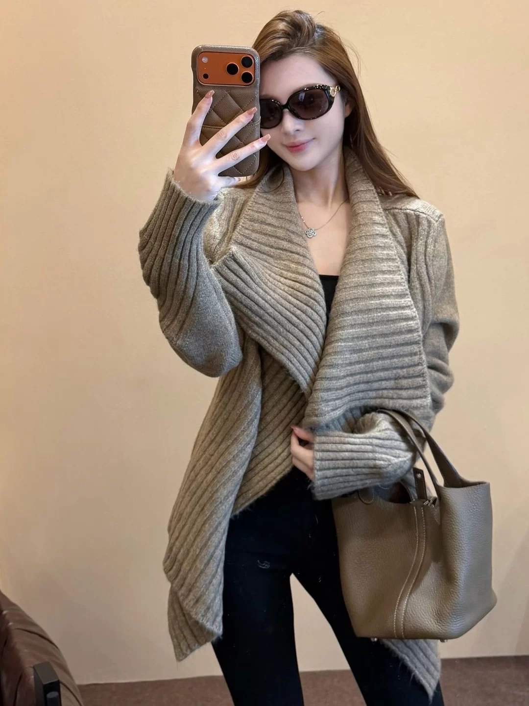 드레이프 숄 카라 멜란지 골지 니트 가디건
