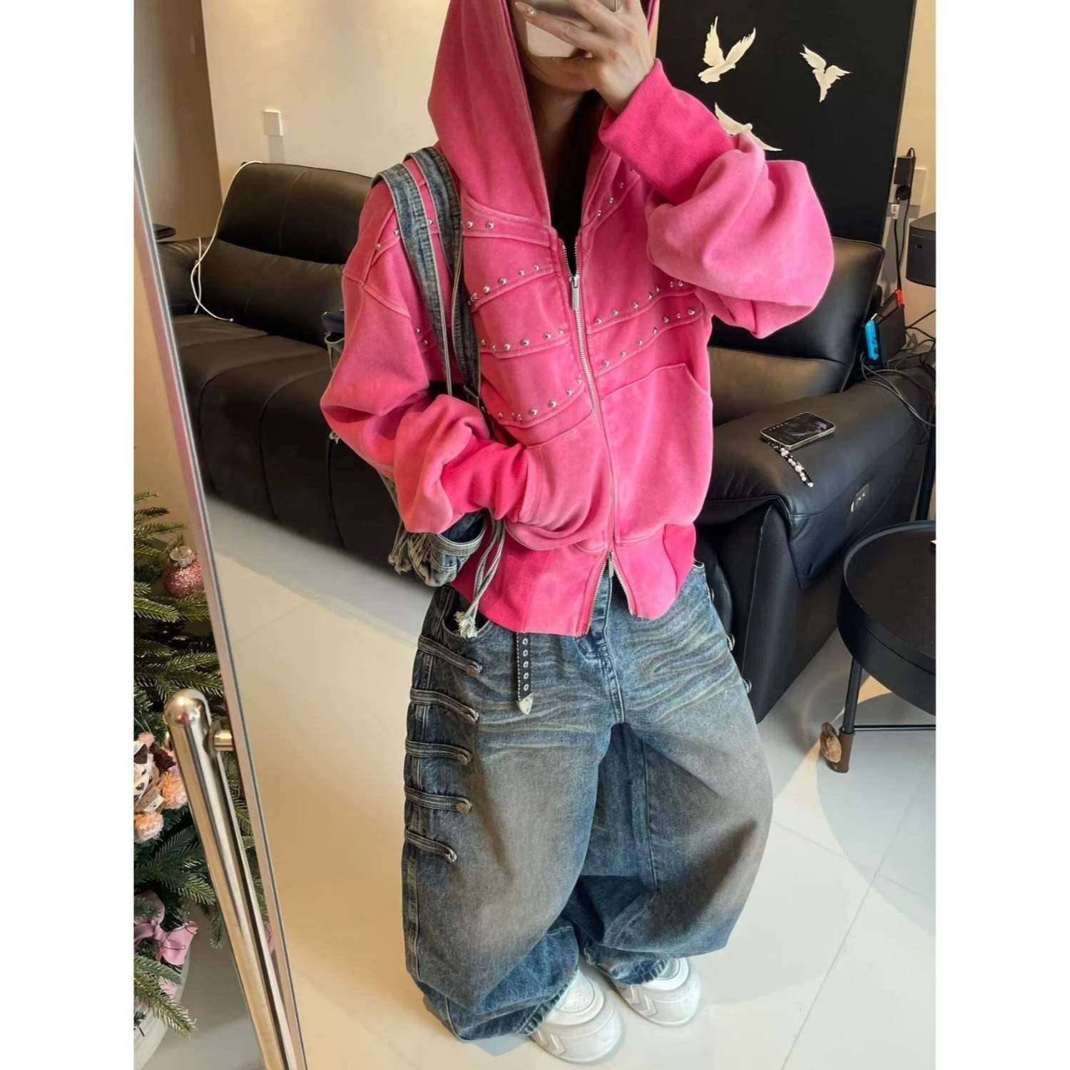 빈티지 멀티 비조 버튼 워싱 와이드 데님 팬츠