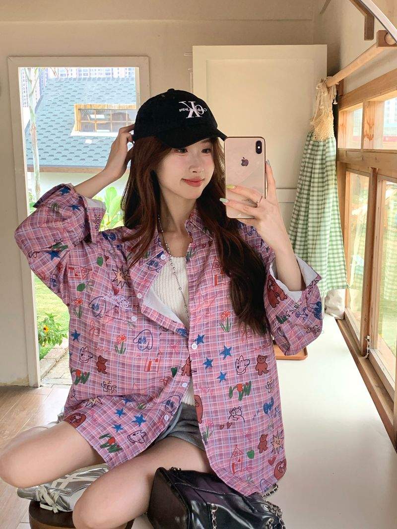 키치 그래픽 핑크 체크 오버핏 긴팔 셔츠