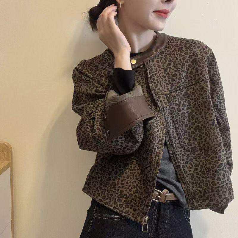 레오파드 레더 배색 숏 워크 재킷