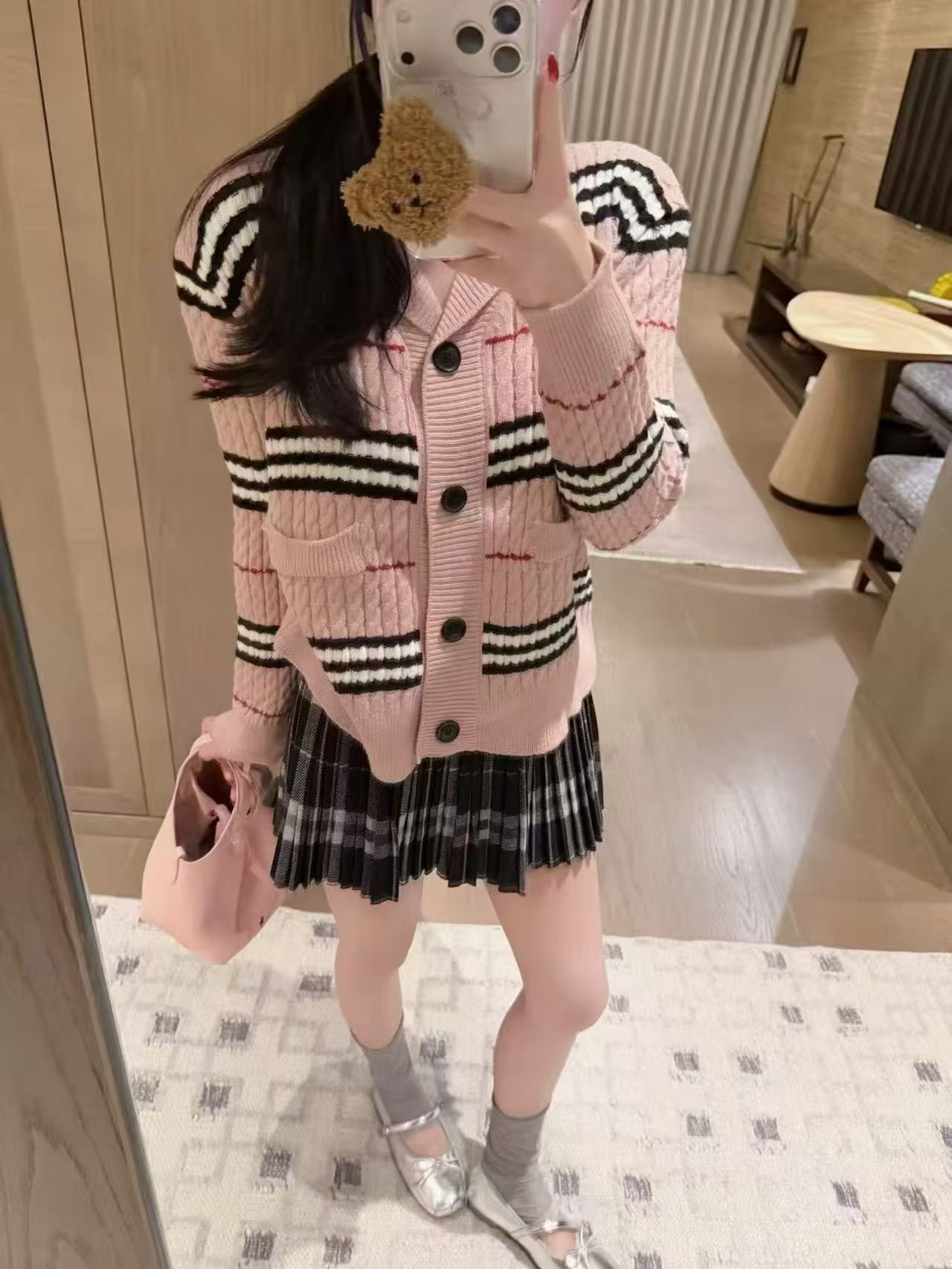 체크 케이블 숄카라 포켓 가디건
