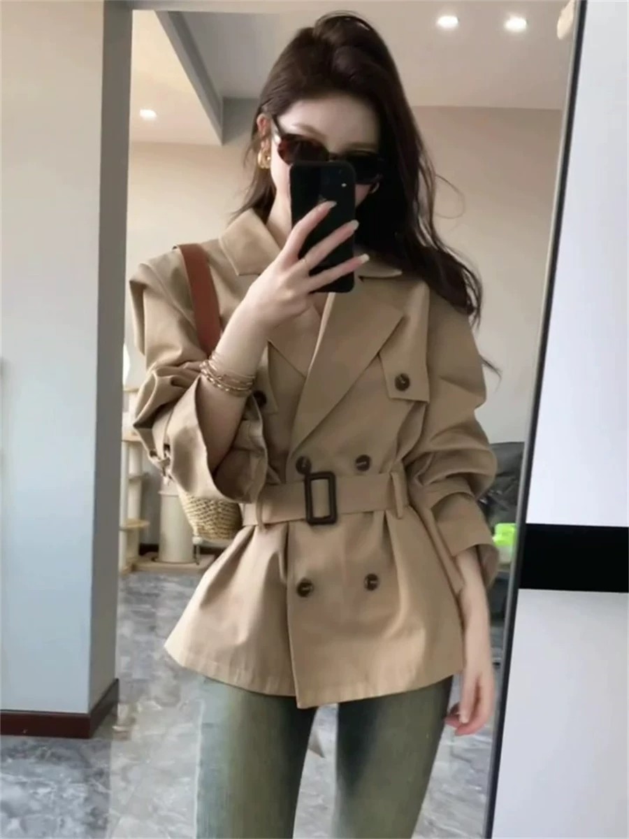 클래식 더블 버튼 벨티드 숏 트렌치 재킷