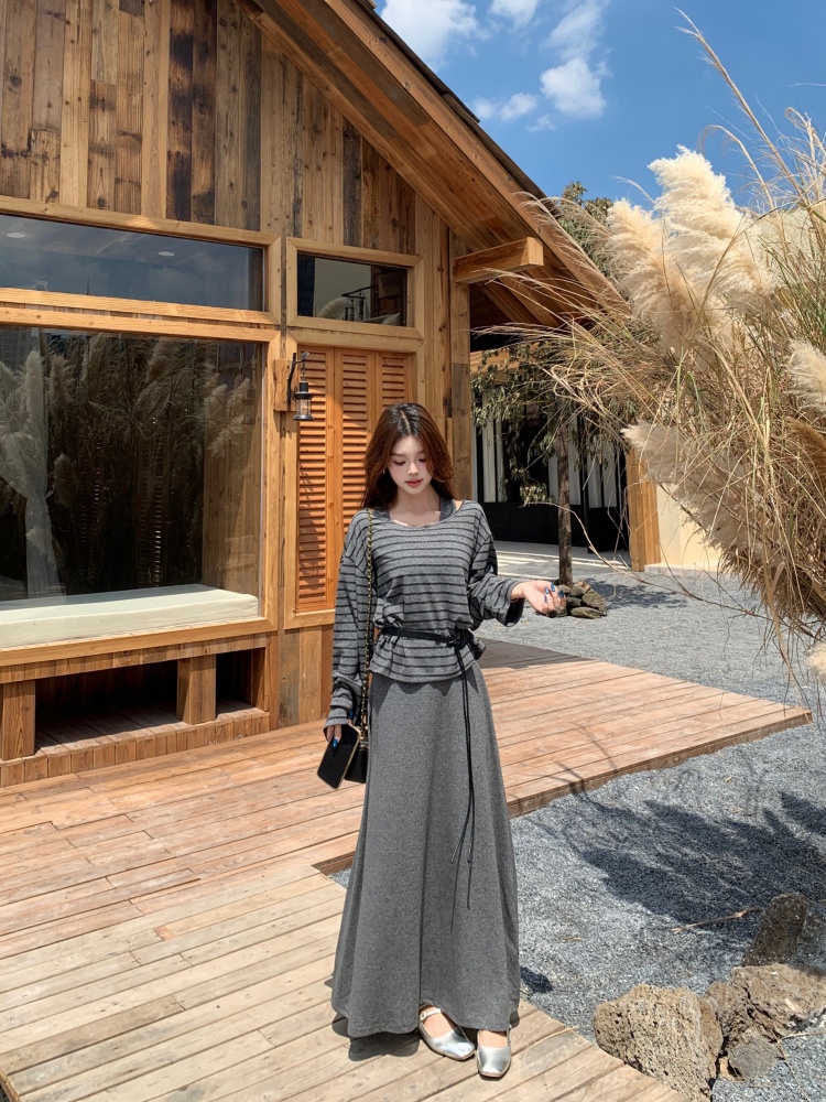 스트라이프 레이어드 슬림 맥시 원피스 세트 벨트포함
