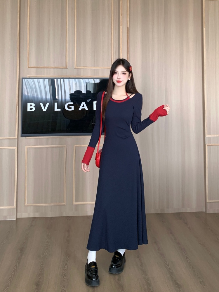 홀터 배색 넥 레이어드 A라인 맥시 롱 원피스
