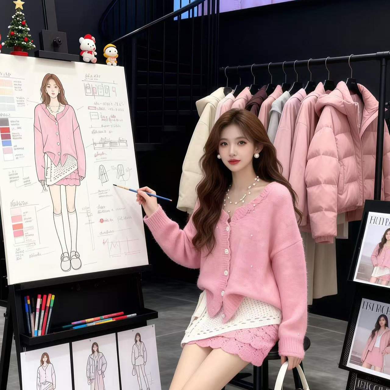 루즈핏 V넥 가디건 펀칭 니트미니 스커트 레이어드 랩스커트 세트 화이트벨트