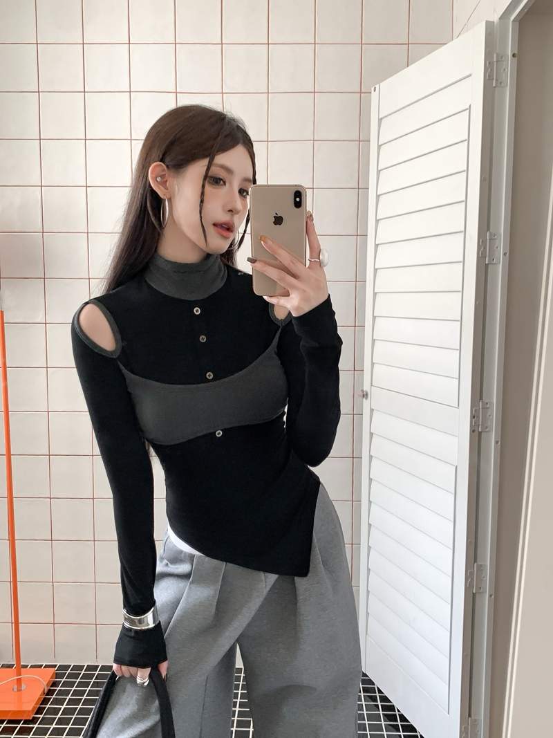 옐로우 배색 뷔스티에 숄더 컷아웃 슬림 폴라 티셔츠