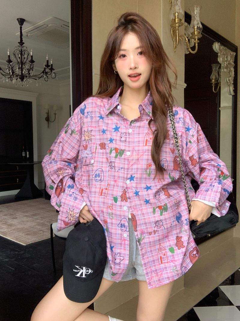 키치 그래픽 핑크 체크 오버핏 긴팔 셔츠