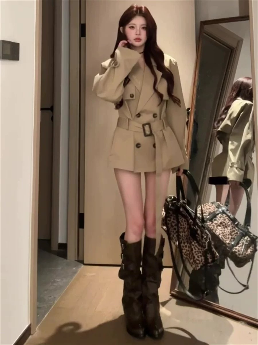 클래식 더블 버튼 벨티드 숏 트렌치 재킷