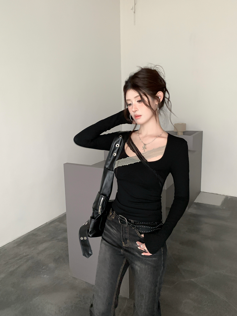 빈티지 레이스 배색 크로스 슬림 긴팔 티셔츠