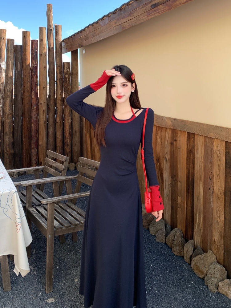 홀터 배색 넥 레이어드 A라인 맥시 롱 원피스