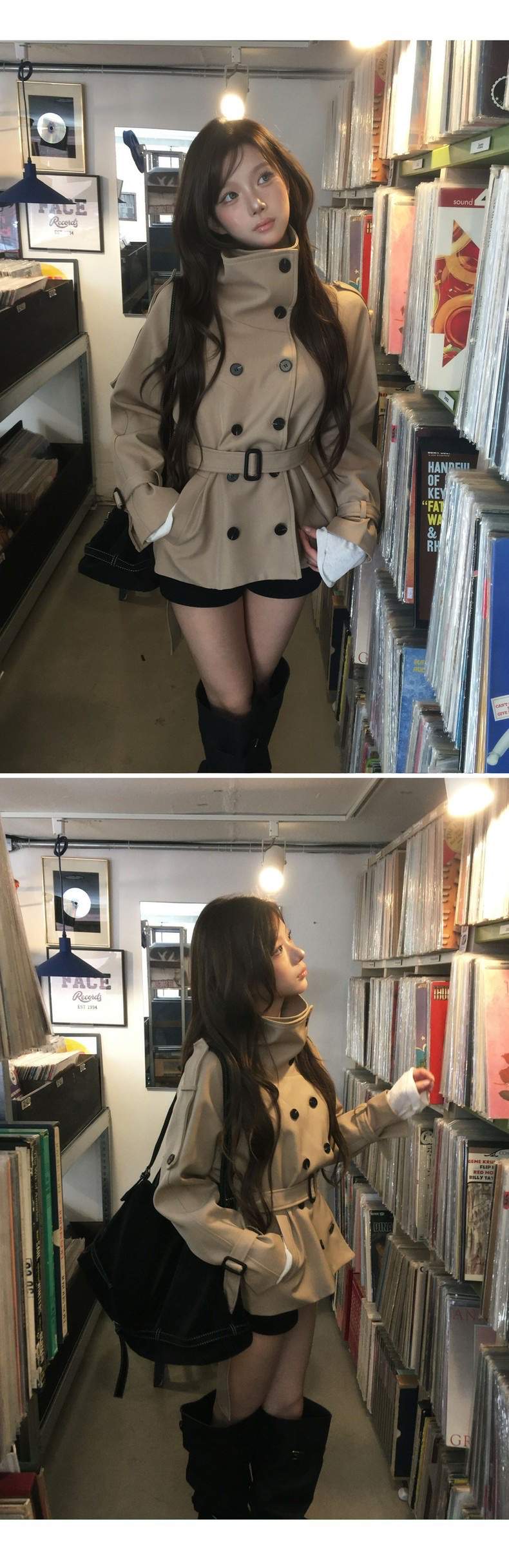 하이넥 스탠드 카라 더블 숏 트렌치 재킷