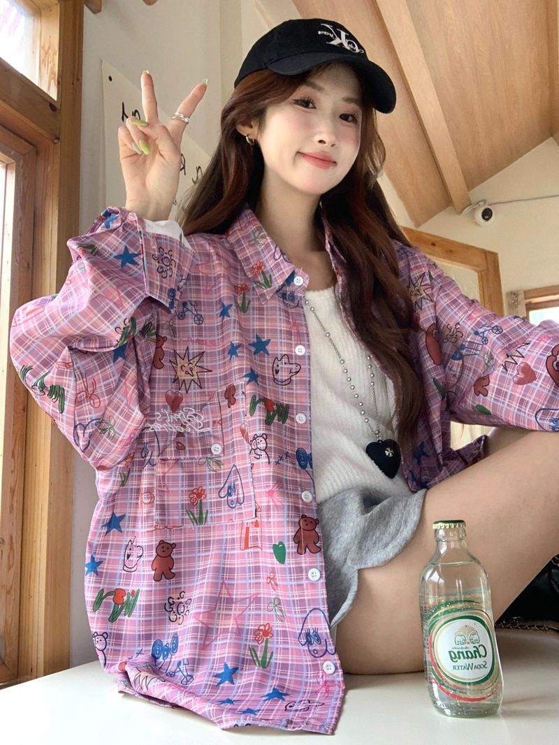 키치 그래픽 핑크 체크 오버핏 긴팔 셔츠