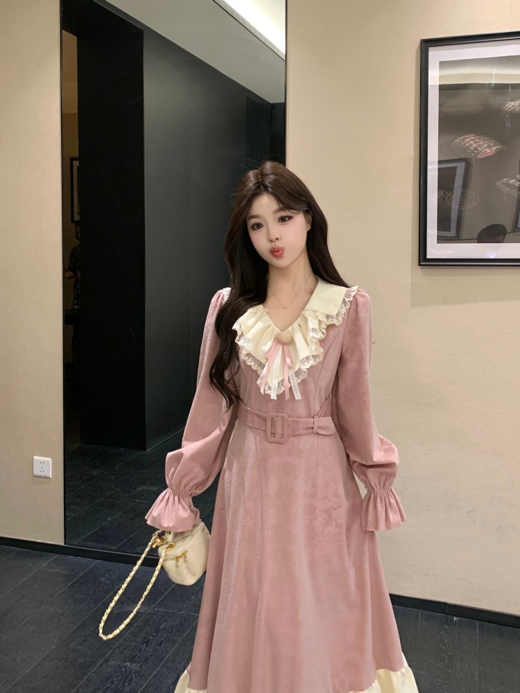 빈티지 자카드 레이스 프릴 롱 원피스 벨트세트