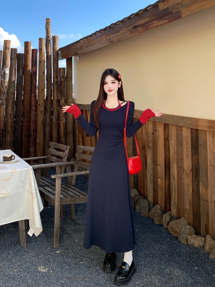 홀터 배색 넥 레이어드 A라인 맥시 롱 원피스