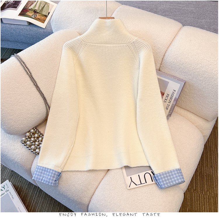 체크 배색 하이넥 골지 니트 가디건