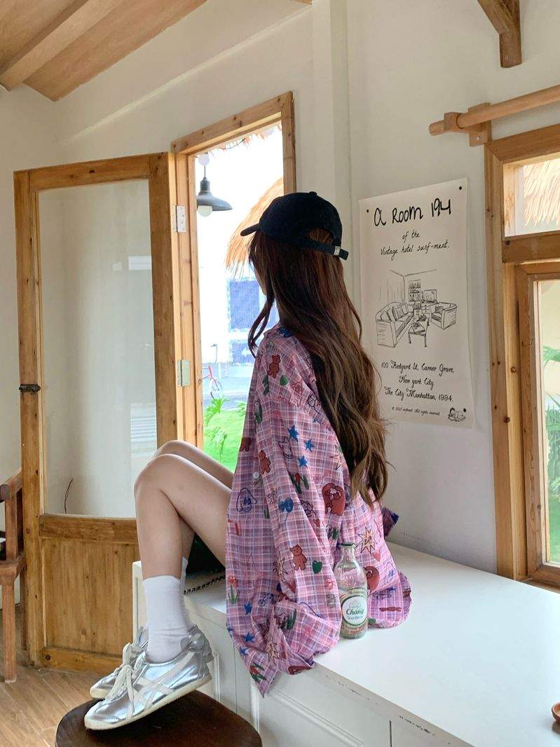 키치 그래픽 핑크 체크 오버핏 긴팔 셔츠