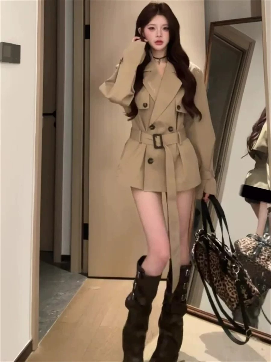 클래식 더블 버튼 벨티드 숏 트렌치 재킷