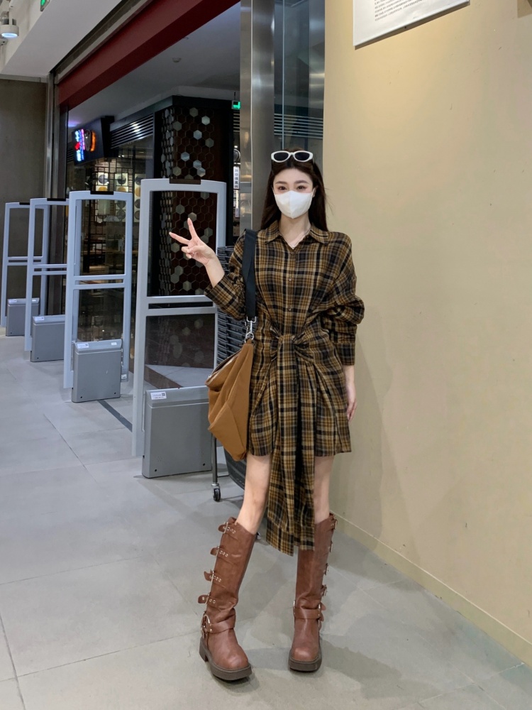 빈티지 체크 허리 매듭 타이 롱 셔츠 원피스