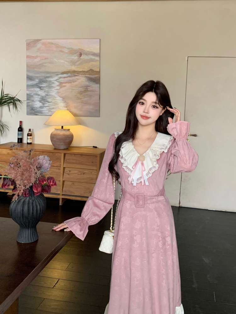 빈티지 자카드 레이스 프릴 롱 원피스 벨트세트