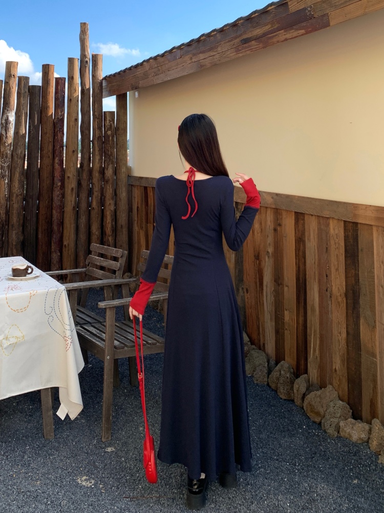 홀터 배색 넥 레이어드 A라인 맥시 롱 원피스
