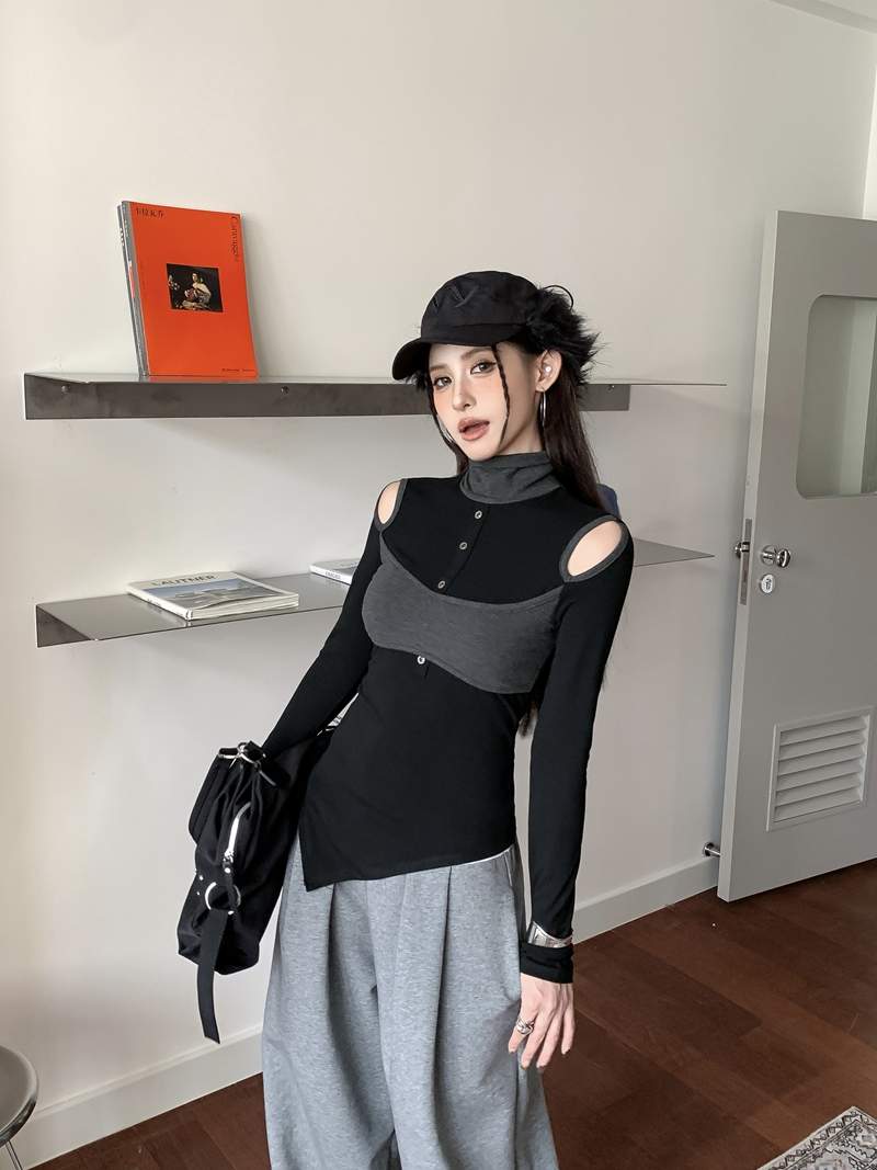 옐로우 배색 뷔스티에 숄더 컷아웃 슬림 폴라 티셔츠