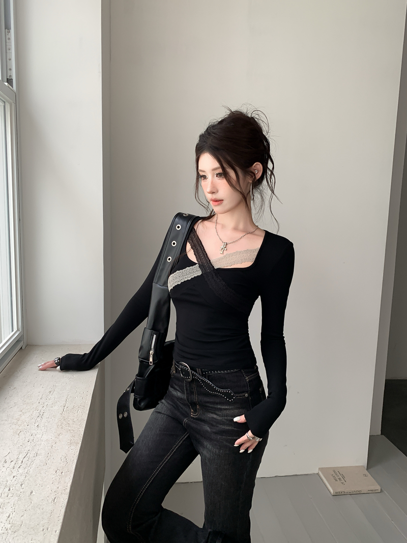 빈티지 레이스 배색 크로스 슬림 긴팔 티셔츠