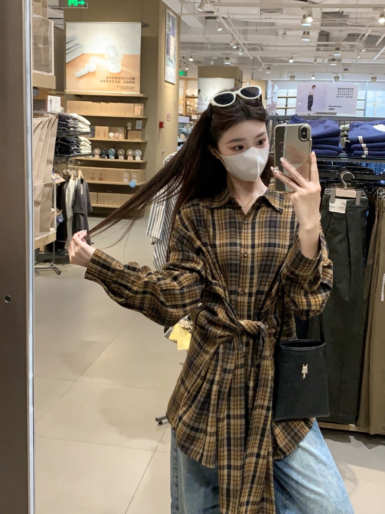 빈티지 체크 허리 매듭 타이 롱 셔츠 원피스