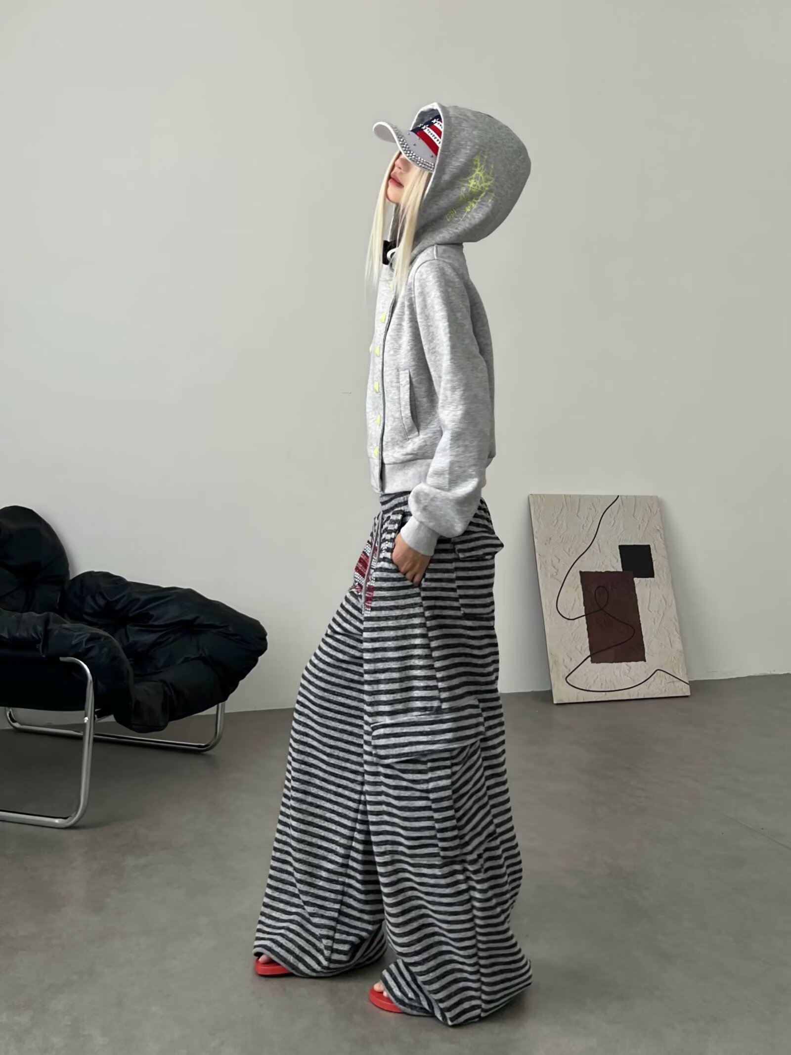 록시크 핫픽스 유니언잭 스트라이프 와이드 카고 팬츠