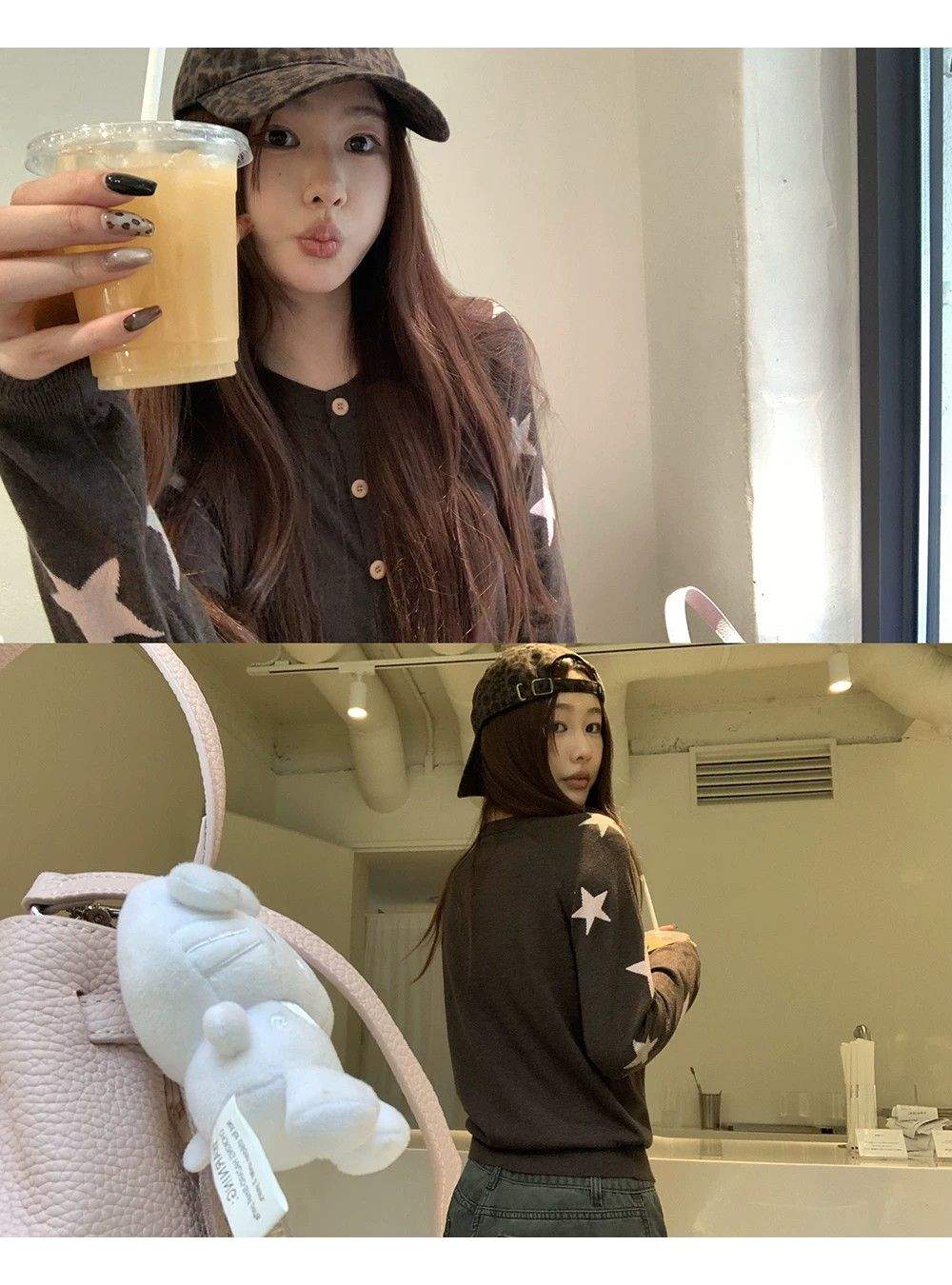 스타 소매 포인트 라운드 니트 가디건