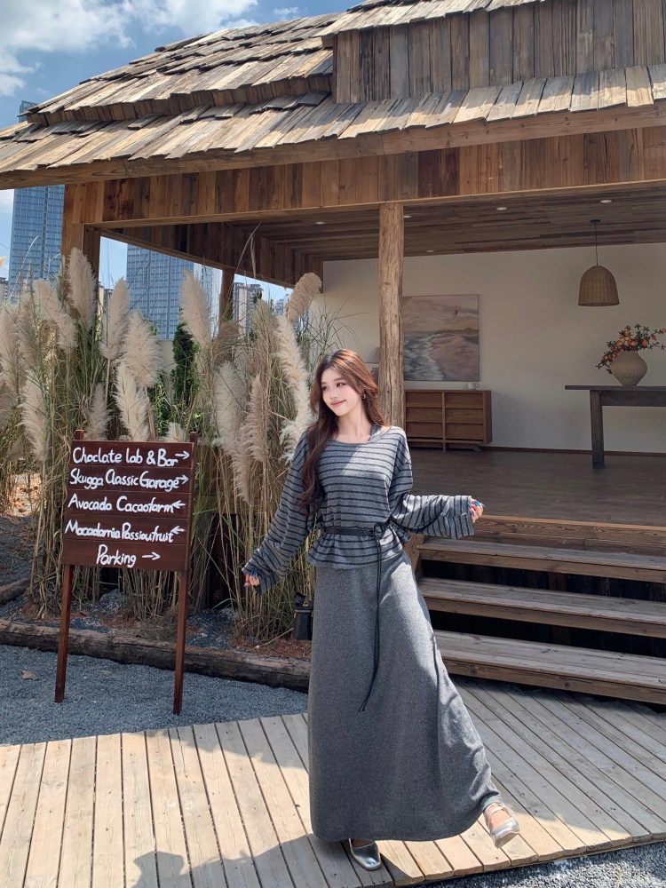 스트라이프 레이어드 슬림 맥시 원피스 세트 벨트포함