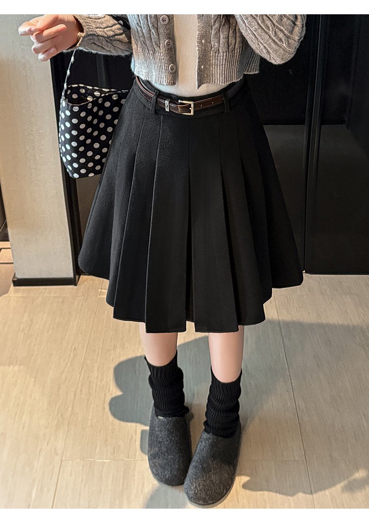빈티지 울 믹스 딥 플리츠 벨티드 미디스커트