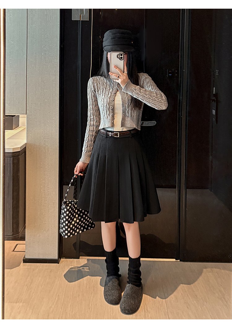 빈티지 울 믹스 딥 플리츠 벨티드 미디스커트