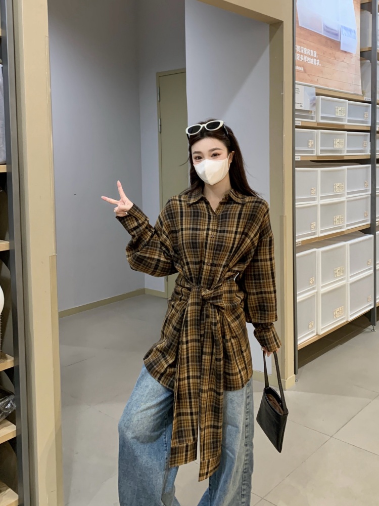 빈티지 체크 허리 매듭 타이 롱 셔츠 원피스