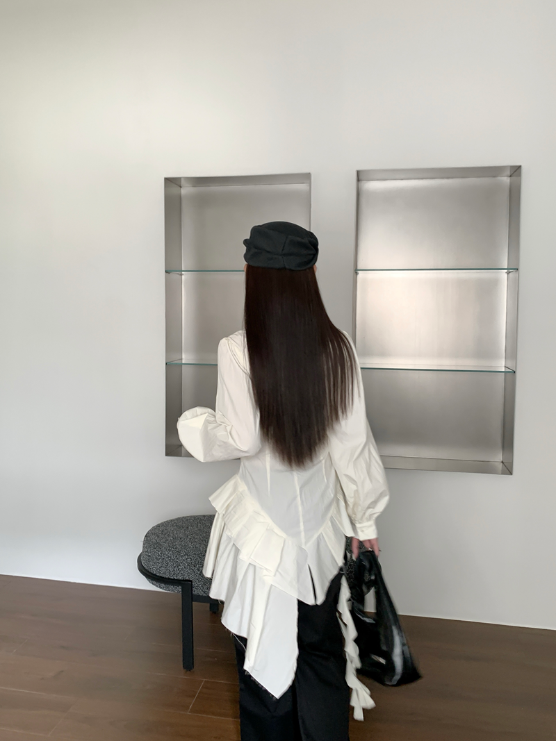언발 러플 드레이프 셔츠 블라우스