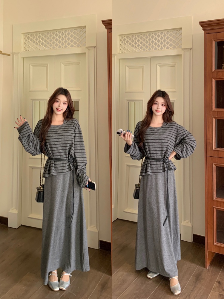스트라이프 레이어드 슬림 맥시 원피스 세트 벨트포함