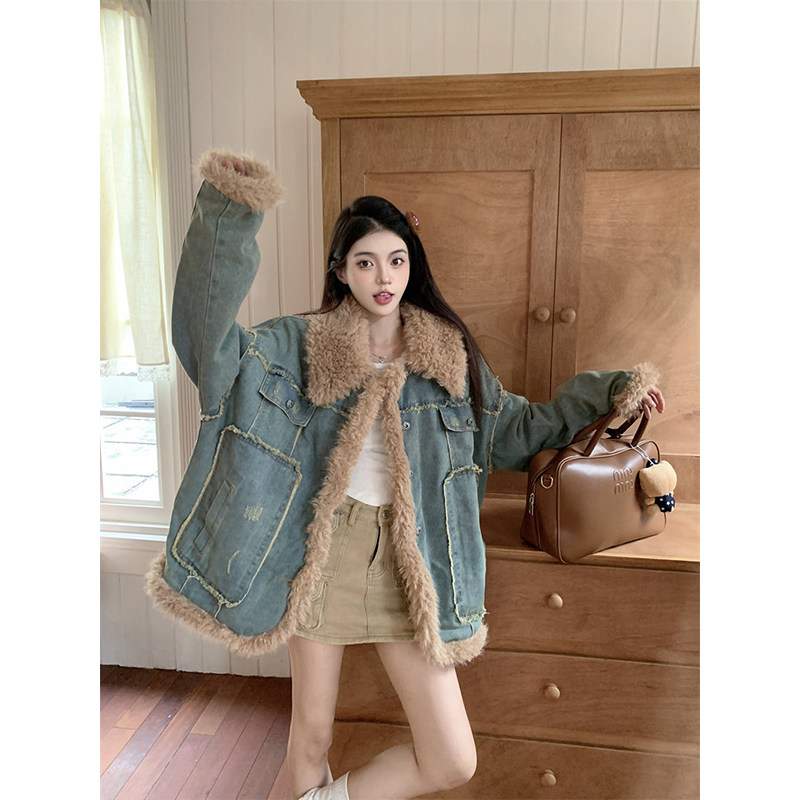 빈티지 데미지 워싱 데님 퍼 카라 오버핏 자켓