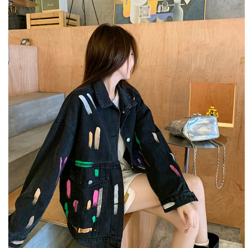빈티지 멀티 페인트 그래피티 오버핏 흑청 데님 자켓