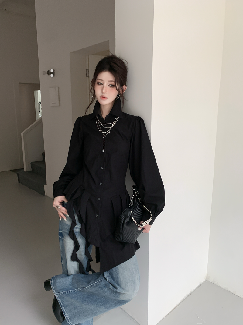 언발 러플 드레이프 셔츠 블라우스