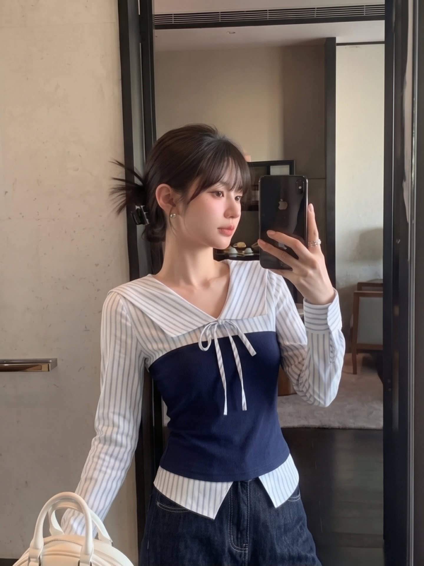 세일러 스트라이프 뷔스티에 레이어드 긴팔 블라우스