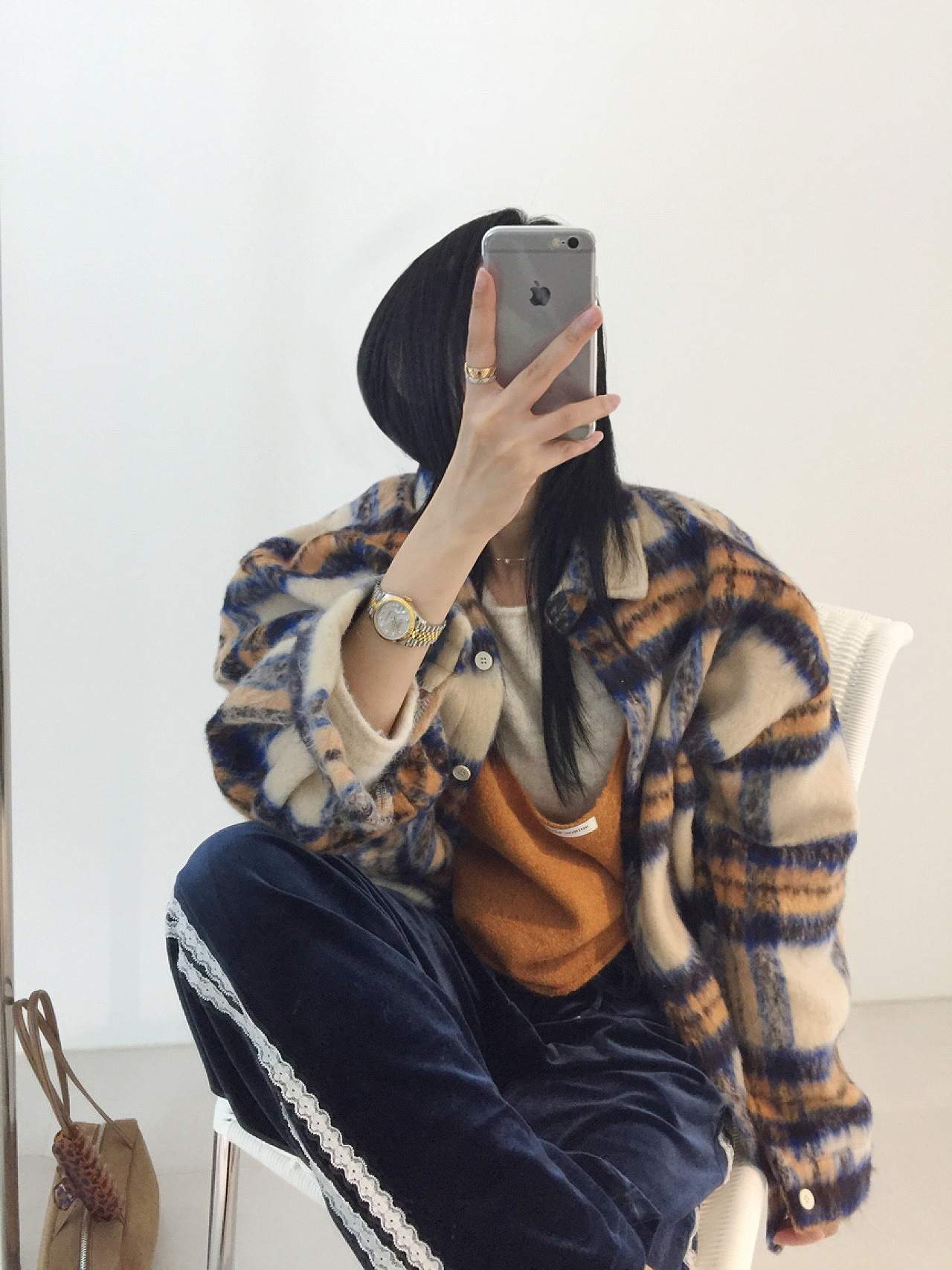 퍼플 체크 모헤어 오버핏 셔츠 자켓