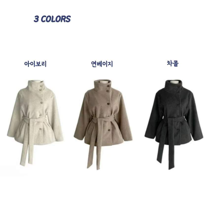 클래식 하이넥 벨티드 울혼방 숏 코트