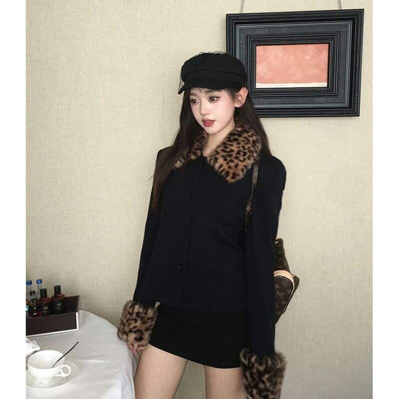 블랙 호피 퍼 카라 소매 포인트 자켓