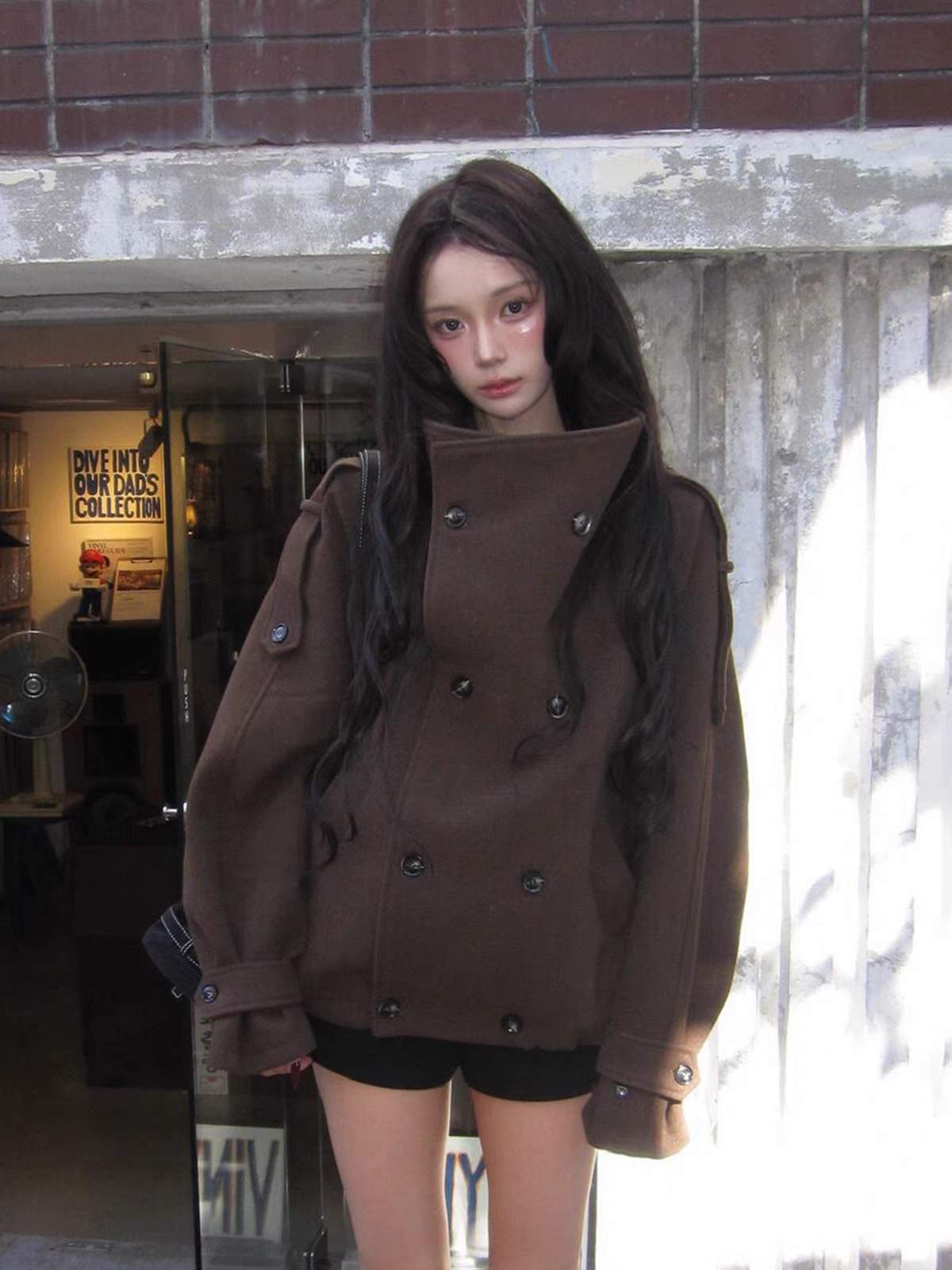 하이넥 더블 모직혼방 오버핏 숏 코트
